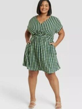 Ava & Viv Green Plaid Twist Front Short Midi Mini Knee Length Dress NWT 2X
